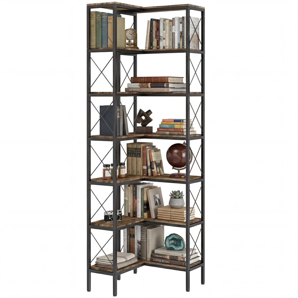 Libreria Angolare 6 Livelli ¨C zephmum ¨C Metallo Marrone Rustico 60x60x200