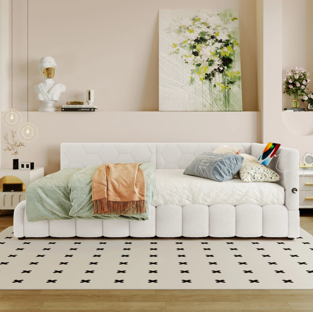 Letto daybed 90x200 cm con contenitore; LED; USB e Type-C; in Vliesimitat bianco