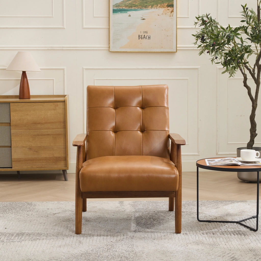 Poltrona Loungesessel con Schienale con Cuciture Pull-Point e Struttura Stabile, in Pelle, Legno, Marrone Chiaro