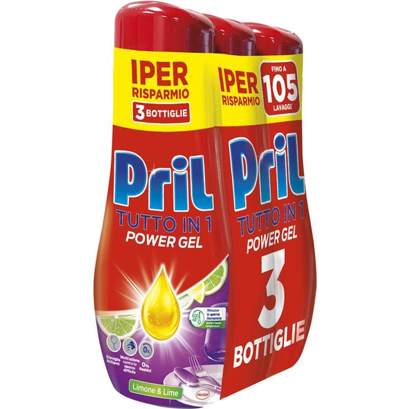 PRIL TUTTO IN 1 POWER GEL 0% RESIDUI MULTI AZIONE CONTRO LO SPORCO DIFFICILE FINO A 105 LAVAGGI FRAGRANZA LIMONE E LIME 3X 630 ML
