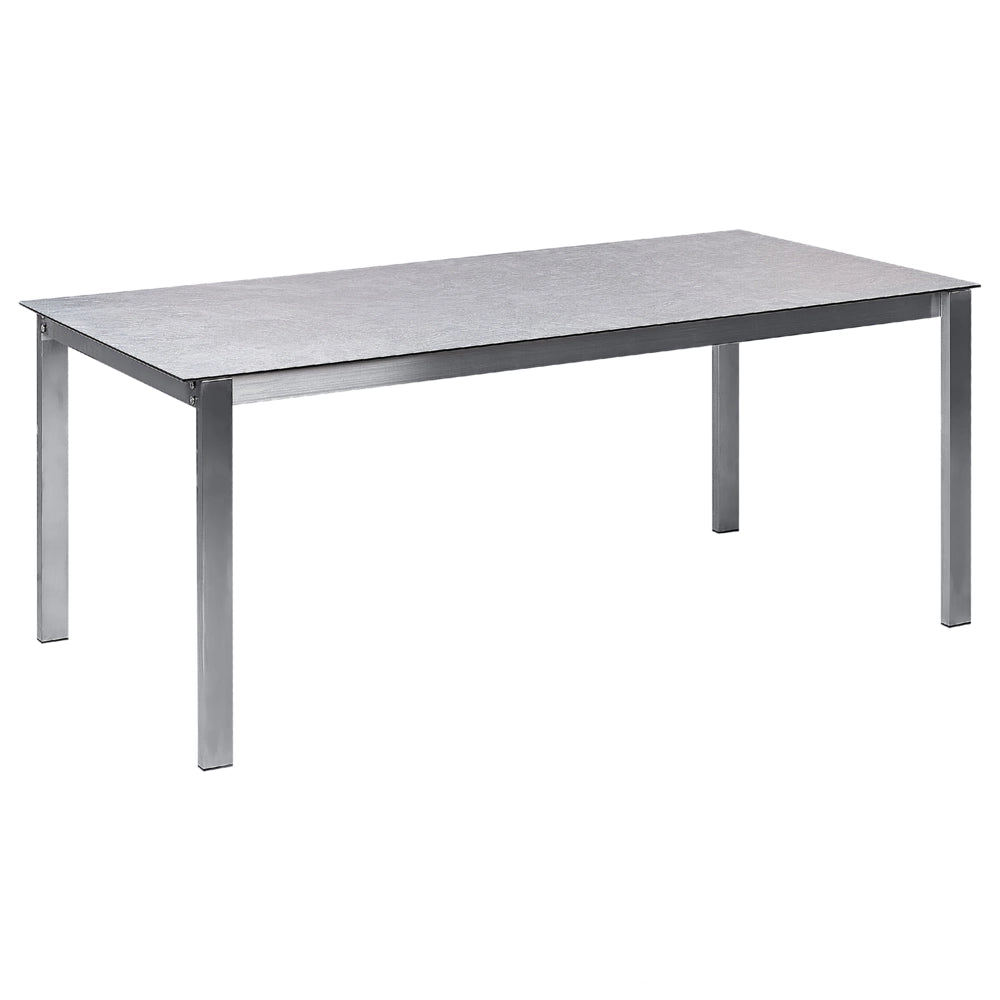 Set da giardino con 6 posti in acciaio inox con tavolo piano in vetro grigio e Sedie in tessuto grigio esterno moderno set elegante