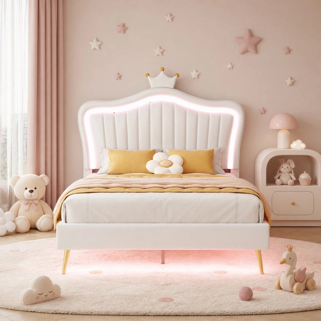 DESMIU Letto per bambini 1 posto con LED, testiera regolabile e schienale imbottito, 90 × 200 cm, senza materasso, bianco