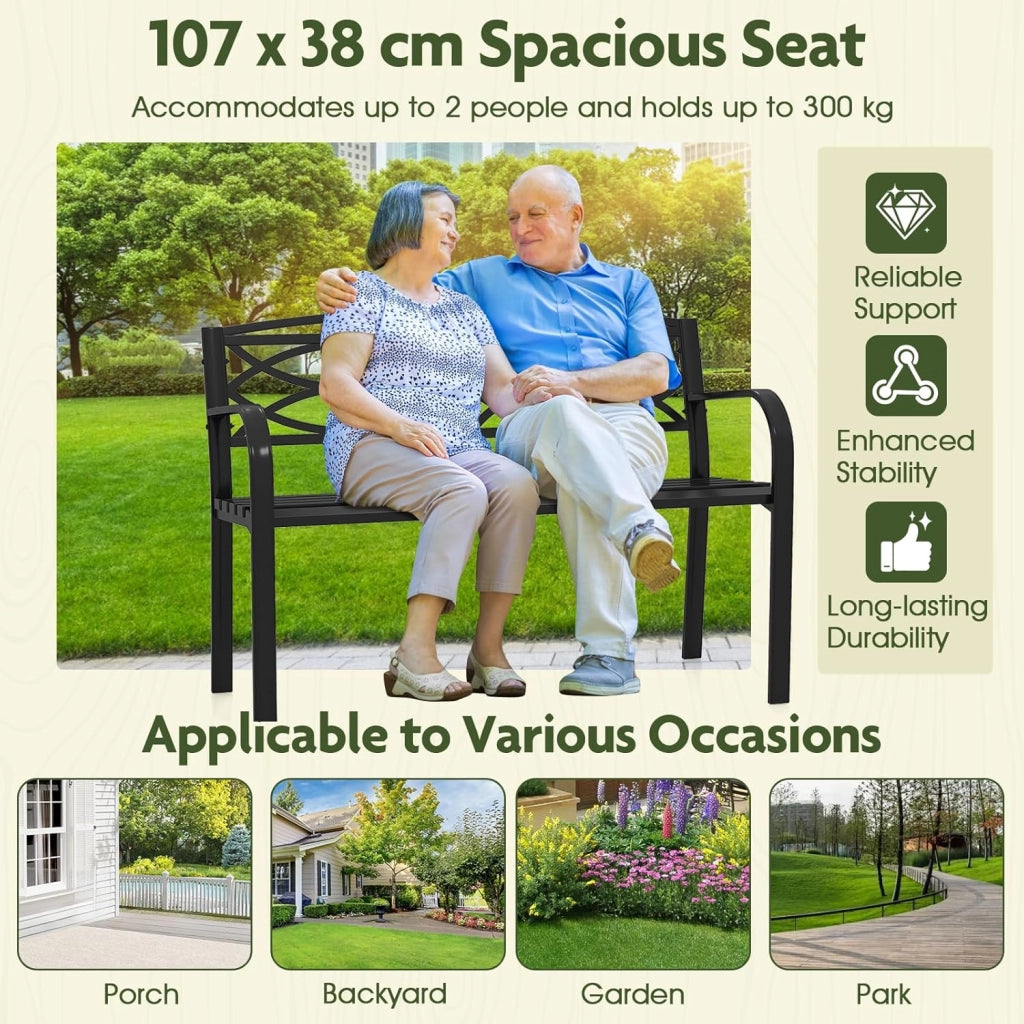 Panca da Esterno in Metallo, Panchina da Giardino 2 Posti con Braccioli, Schienale Ergonomico e Seduta a Doghe, Resistente agli Agenti Atmosferici, Panca da Terrazza, Parco, Cortile, Nero