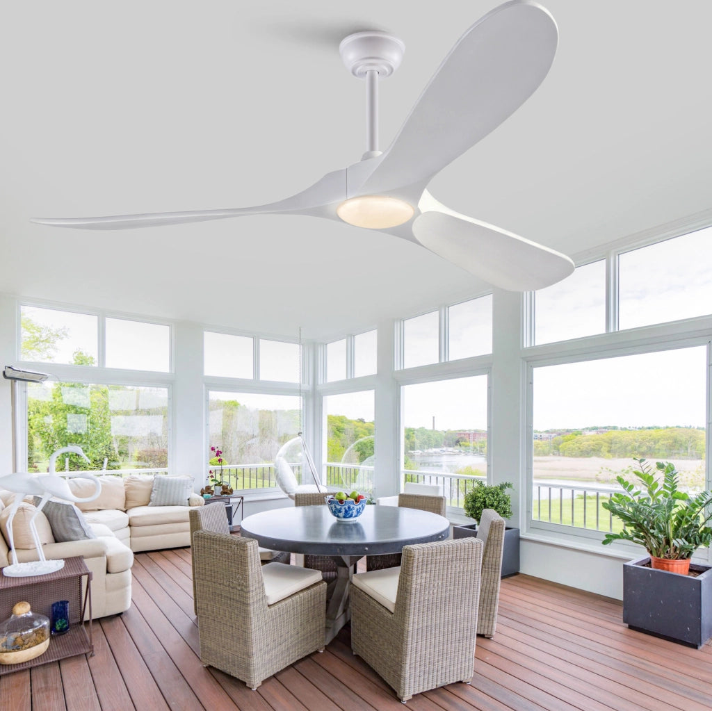 Ventilatore da soffitto 60" con LED dimmerabile; 3 pale in legno massello; bianco