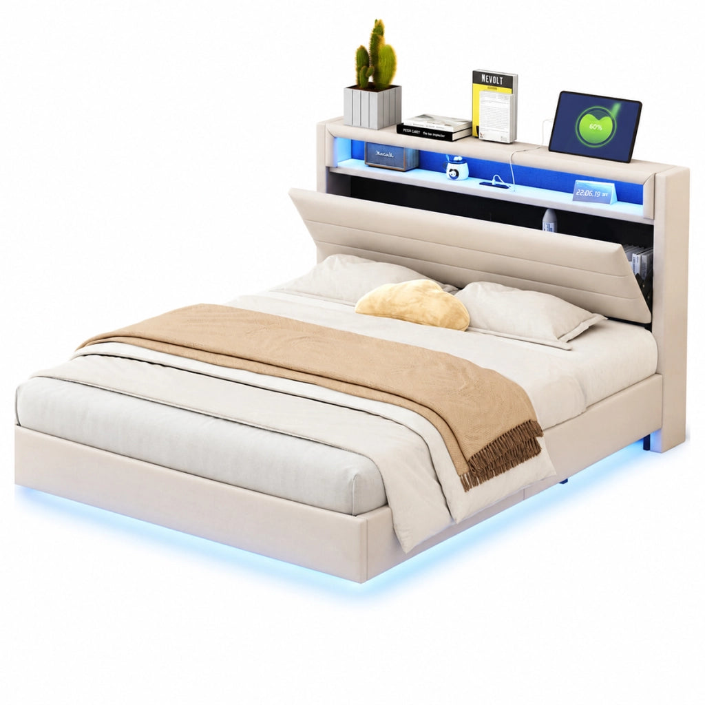 Letto matrimoniale imbottito 140x200 cm; USB e LED; testiera reversibile; tessuto beige (Senza materasso)