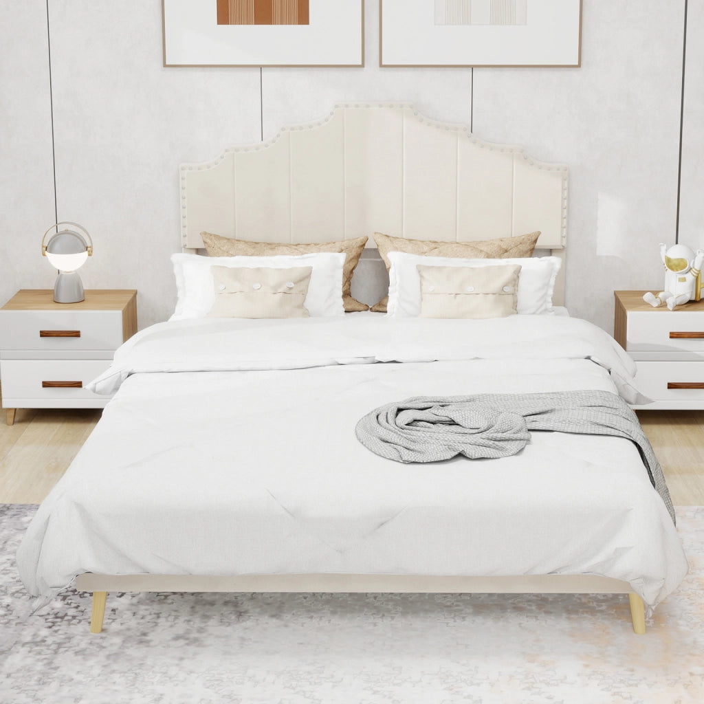 Letto 160x200 cm con Testiera Geometrica; in Tessuto e Metallo; Beige