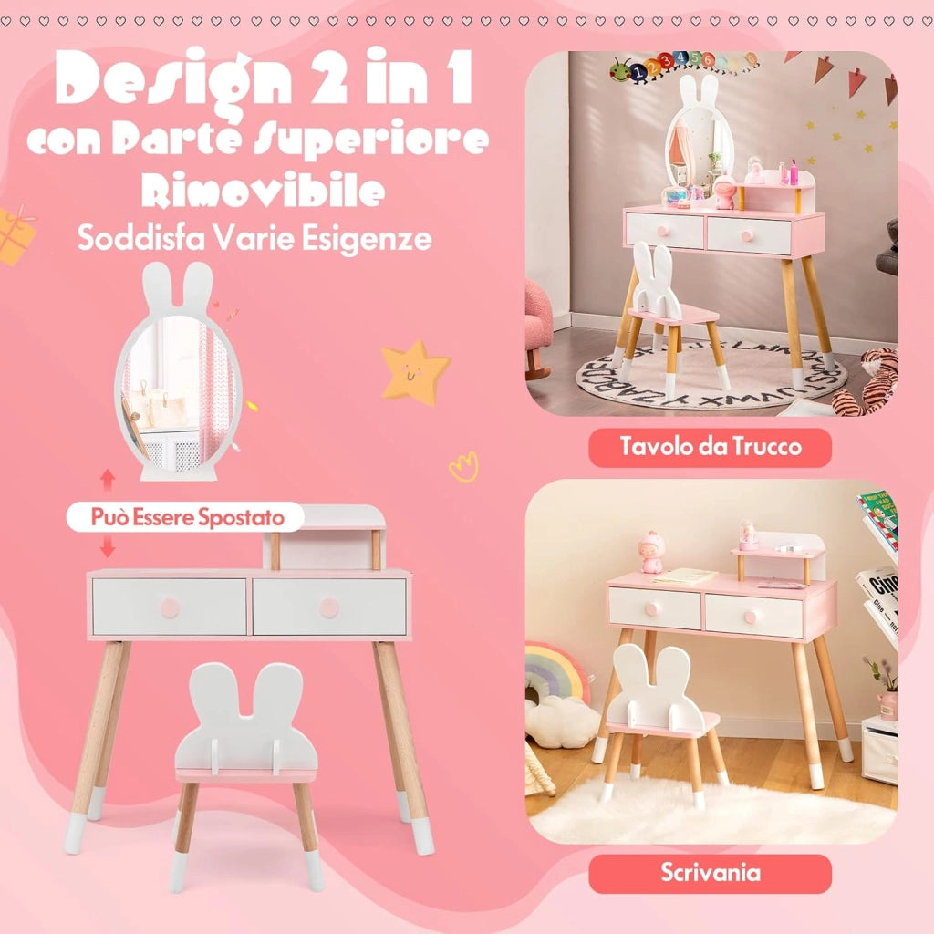 Toeletta Trucco 2 in 1 per Bambina, Specchiera a Forma di Coniglio Staccabile per Ragazza in Legno con Sgabello, Ripiano e 2 Cassetti, Postazione Trucco, 78 x 37 x 110cm (Bianco)