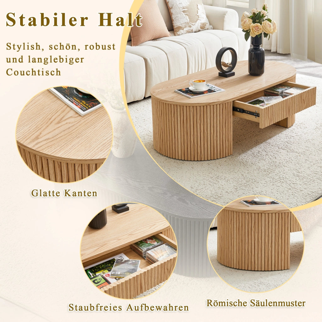Tavolino basso ovale con cassetto e vano aperto frontali zigrinati in MDF effetto rovere chiaro per soggiorno 118 × 65 × 17 cm