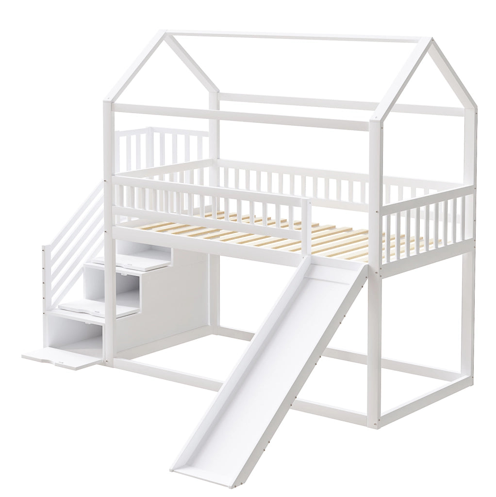 Letto a soppalco 90x200 cm con scivolo e scala contenitore in legno; metallo; compensato e MDF bianco