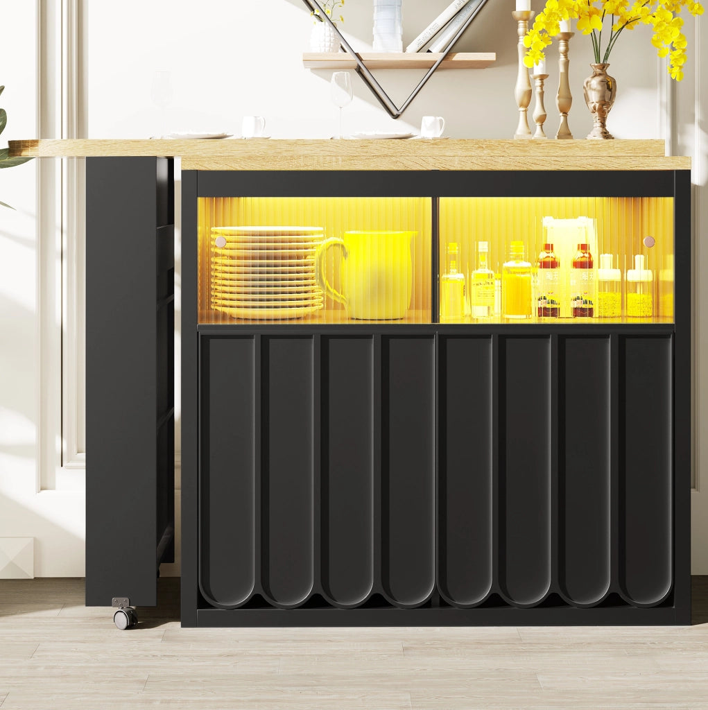 Tavolo bar 135-205x39x100 cm con ruote; LED e porta USB in MDF e vetro nero