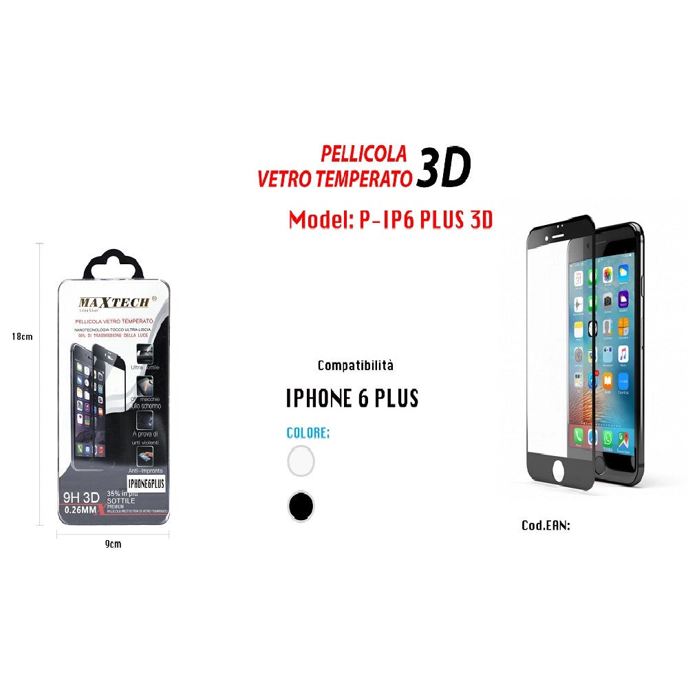 Trade Shop - Vetro Temperato 3d Proteggi Schermo Pellicola Per Iphone 6 Plus Maxtech P-ip6 Plus 3d -