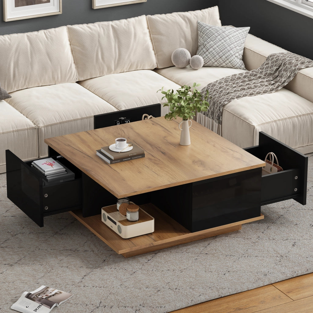 Tavolino da caff¨¨ quadrato 70 x 70 x 31,5 cm con 3 cassetti e vano aperto, colore nero e finitura legno