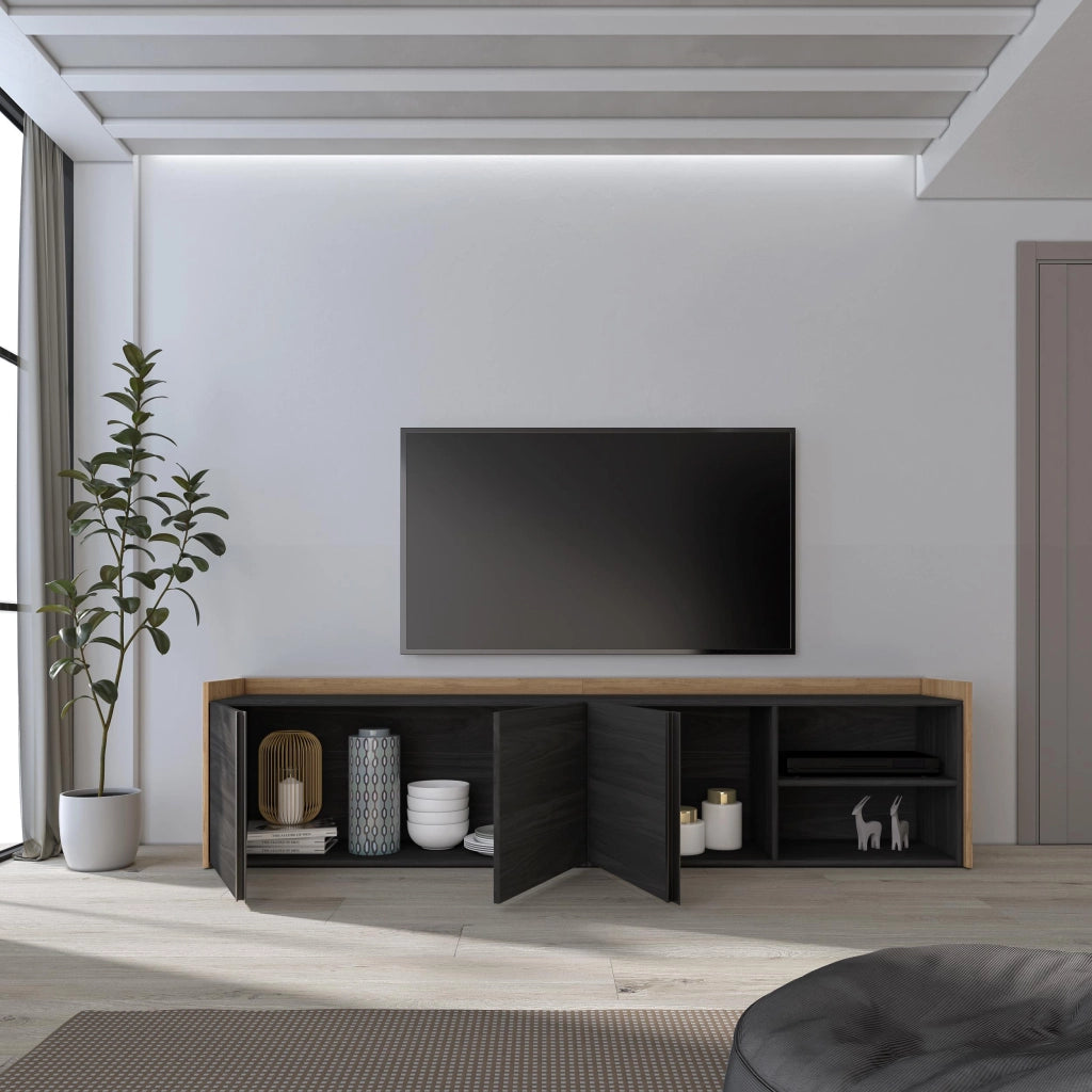 Mobile TV Soggiorno, 207x50x35 cm, Per TV fino a 80", Mobile Soggiorno, Nero e rovere