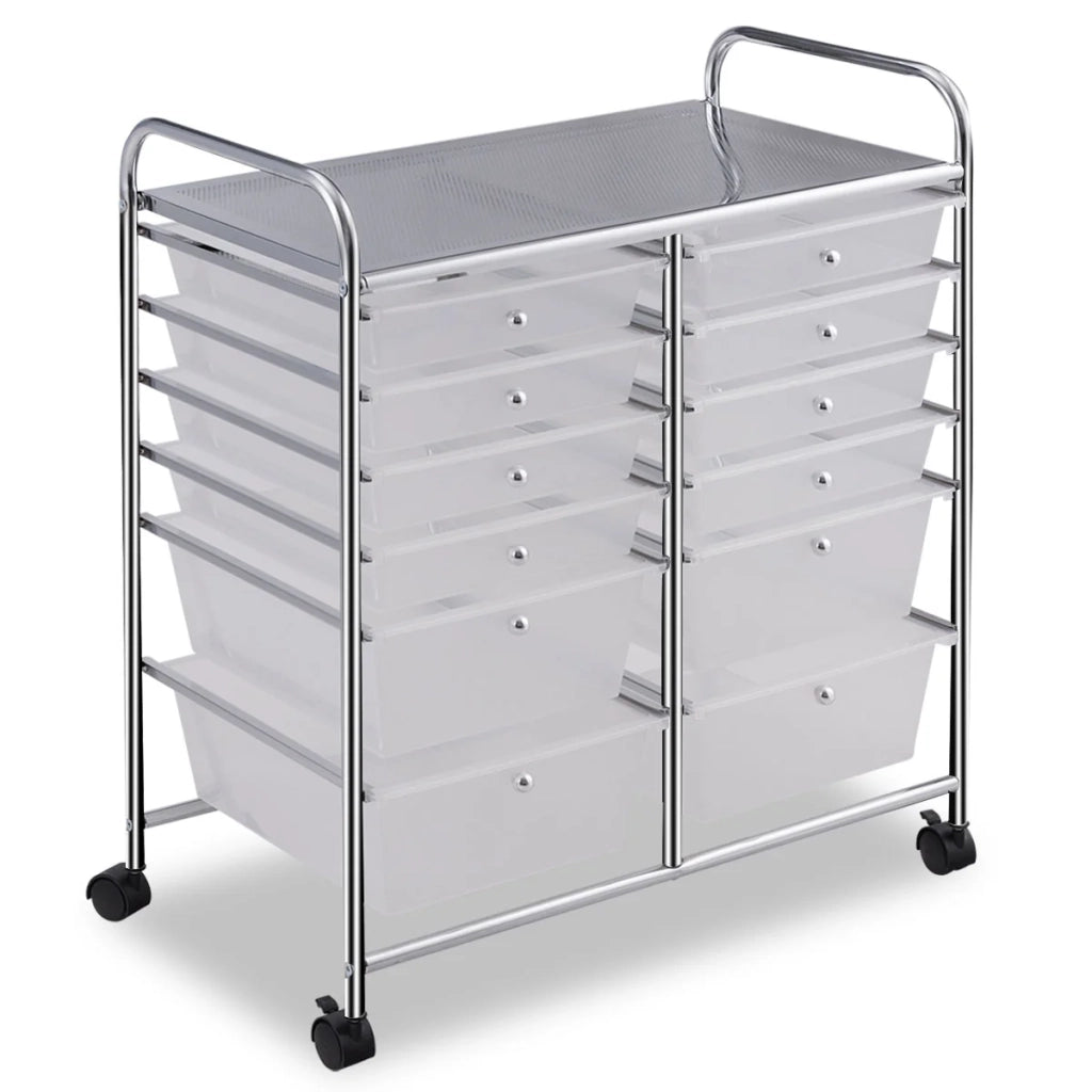 Carrello portaoggetti su ruote 64 x 38 x 75 cm 12 cassetti pratici e robusti 2 freni in metallo bianco 20_0021074