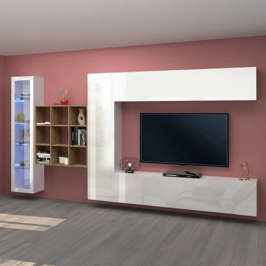 Mobile Soggiorno Avegno, Parete Attrezzata 20 Ripiani Made in Italy, 310x30x180h cm Bianco Lucido
