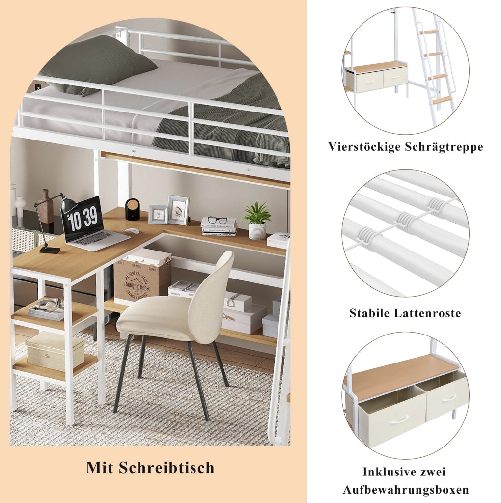 Letto a soppalco 90x200 con scrivania e scaffale bianco naturale