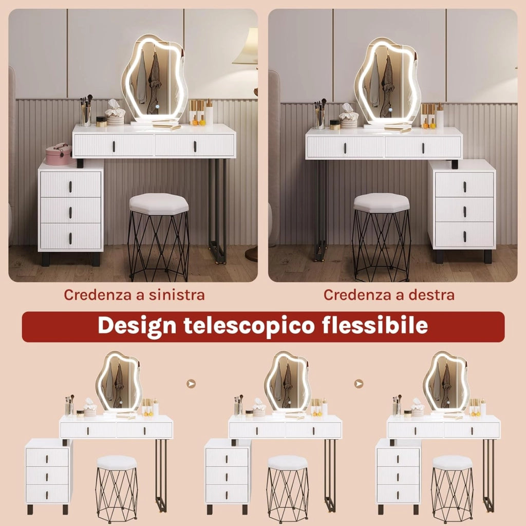 Toeletta con Luce LED, Luminosità Regolabile, Specchio a Nuvola, Piano Lucido, 5 Cassetti in Legno Massiccio, 1 Cassettiera, Moderno, Bianco e Nero