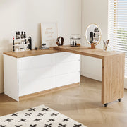 Scrivania girevole con 6 cassetti e ruote bloccabili, per ufficio in casa e camera, in truciolare, bianco e rovere, 120 × 50 cm