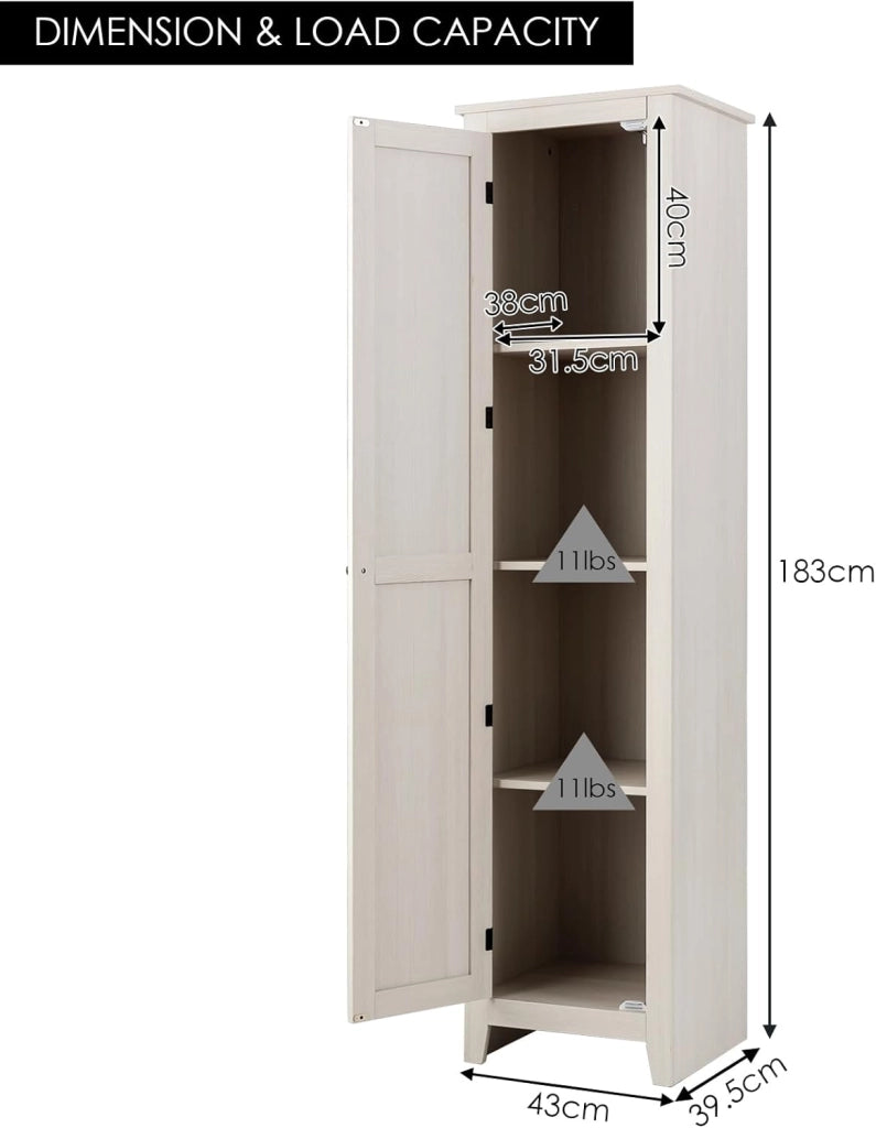 Armadietto alto da 183 cm, armadio stretto per bagno con 1 porta e 4 ripiani, armadio per la conservazione per cucina, soggiorno e bagno, armadio da cucina indipendente (Bianco)