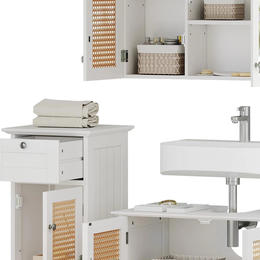Set di mobili da bagno Rosario, Bianco, 60 cm, composto da mobile sottolavabo, specchiera e mobile medio