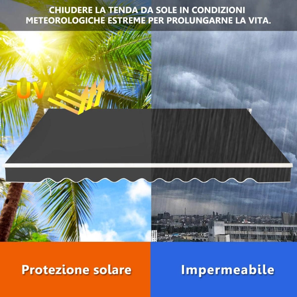 Tenda da Sole per Esterno, Tenda da Sole a Bracci Estensibili con Telaio in Alluminio, Tettuccio Resistente al Sole e Impermeabile e Manovella (4 x 2,5 M, Grigio)