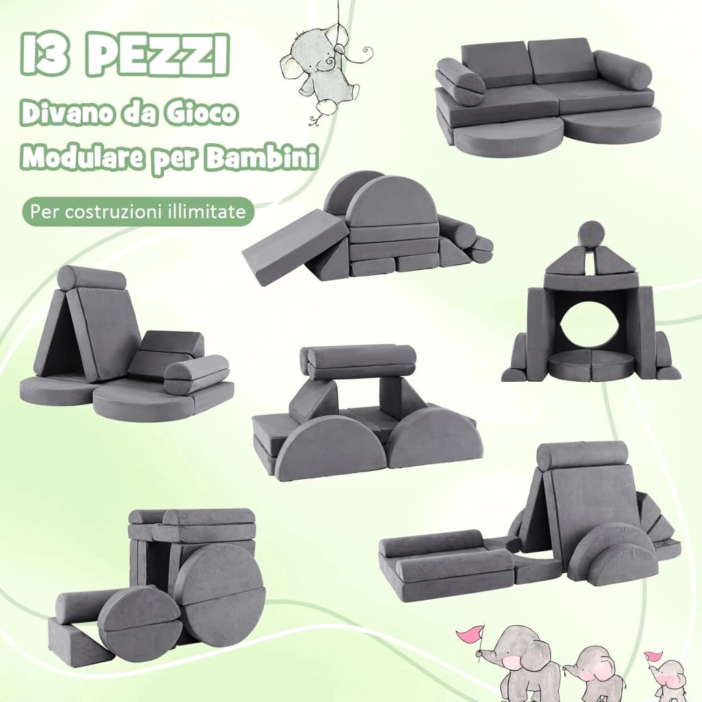 Divano in stile Block 13 Pezzi per Bambini, Divanetto Convertibile per Asilo, Cameretta e Soggiorno, Cuscini Bambini Gioco Blocchi (Grigio)
