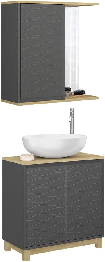 Vicco Set di mobili da bagno Livia, Antracite/quercia, 2 parti