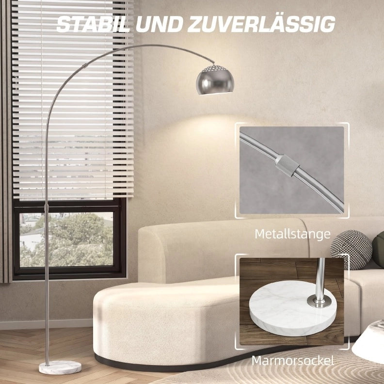 Lampada da terra ad arco 167 cm con base in marmo e paralume argento