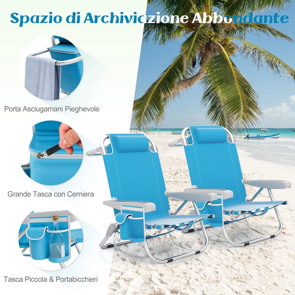 Sedia da Spiaggia, Sdraio Pieghevole a 5 Posizioni con Portabicchieri, Poltrona da Spiaggia con Cuscino per Testa e Zaino, Sedia da Campeggio Portatile, Portata 150 kg (Azzurro,1)