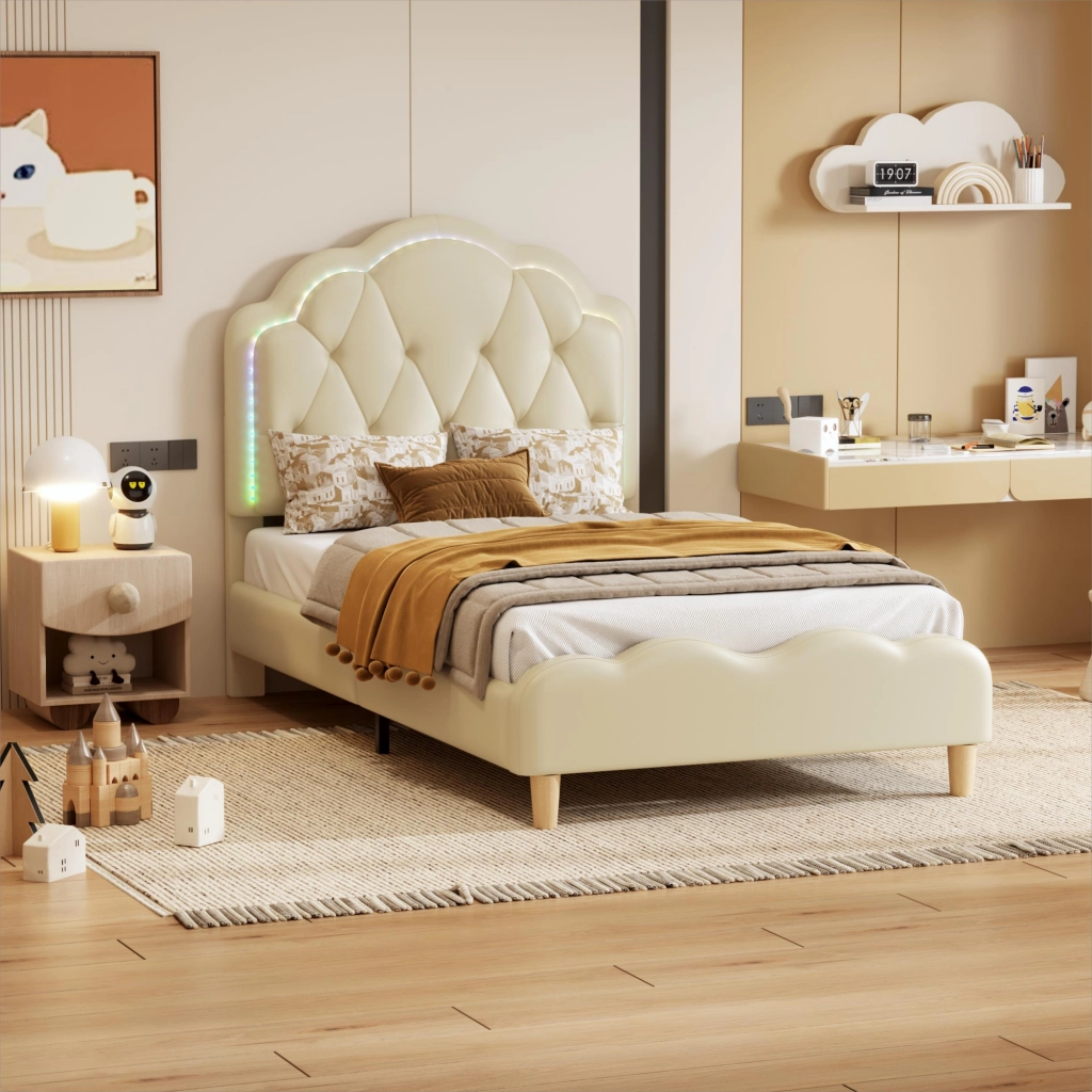 Letto Singolo 90x200 cm con LED Multicolore e Testiera Ondulata - in PU - Beige