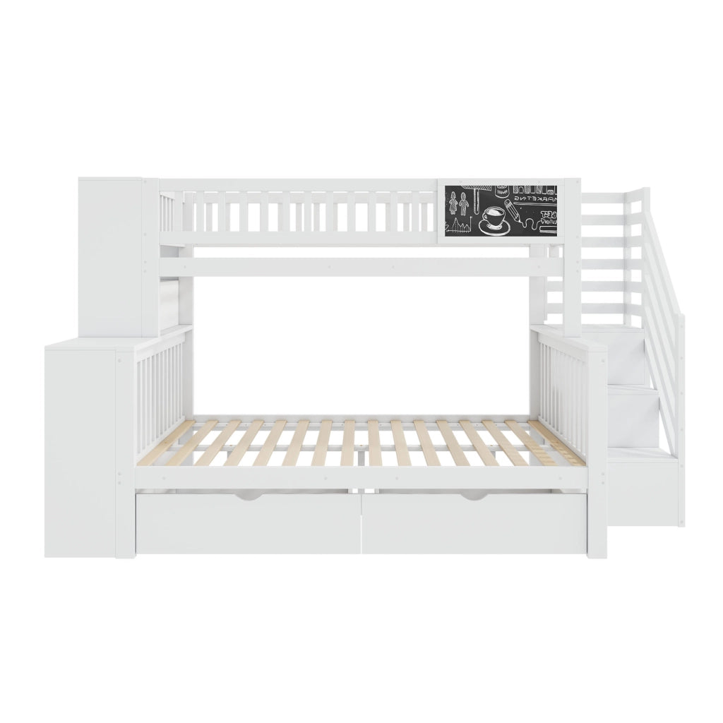 OKWISH Letto a Castello 140×200 cm e 90×200 cm, Letto 3 Posti con Scala Contenitore, Armadi e Lavagna, senza Materasso, Bianco