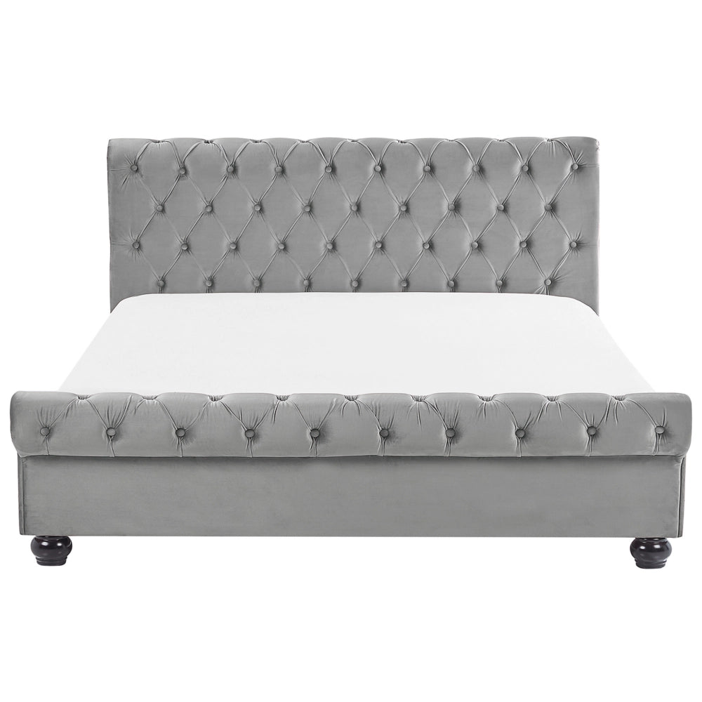 Letto matrimoniale Imbottito in Velluto di colore Grigio Chiaro con Rete a Doghe 180 x 200 cm