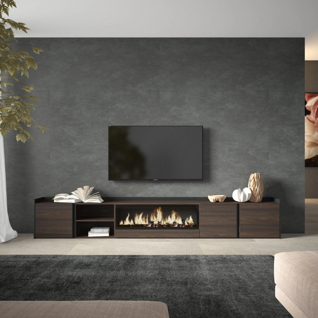 Mobile TV Soggiorno, 315x50x35 cm, Per TV fino a 80", Camino elettrico XXL, Rovere scuro e Nero