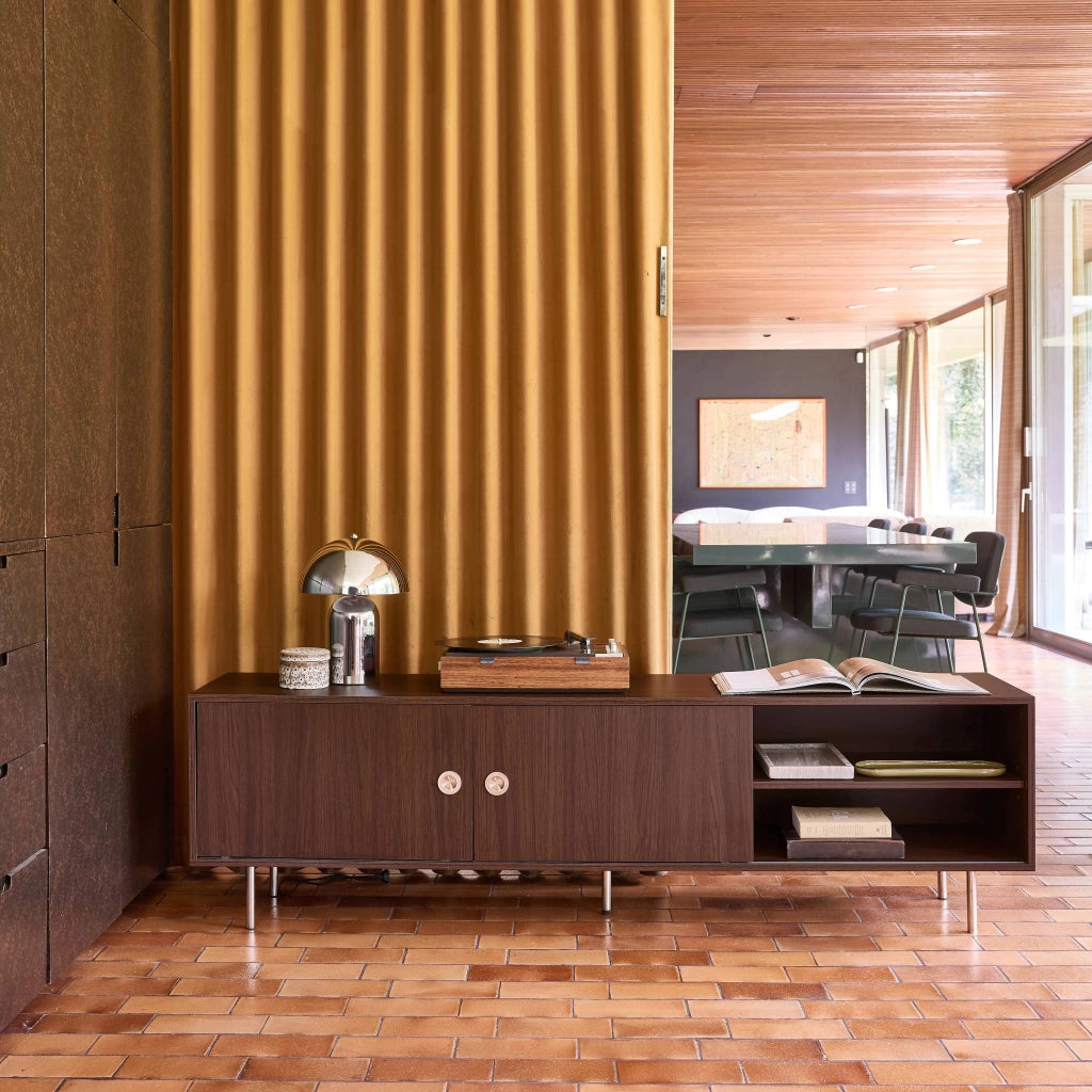 Mobile tv vintage in legno e acciaio inossidabile 2 ante, 180cm, noce