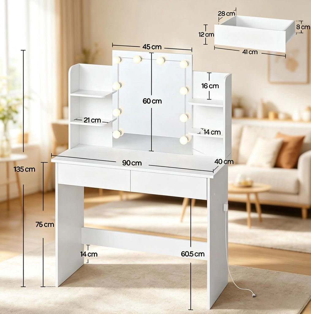 Toeletta 90x40x135 cm con specchio LED dimmerabile, 2 cassetti, legno massello e plastica bianca