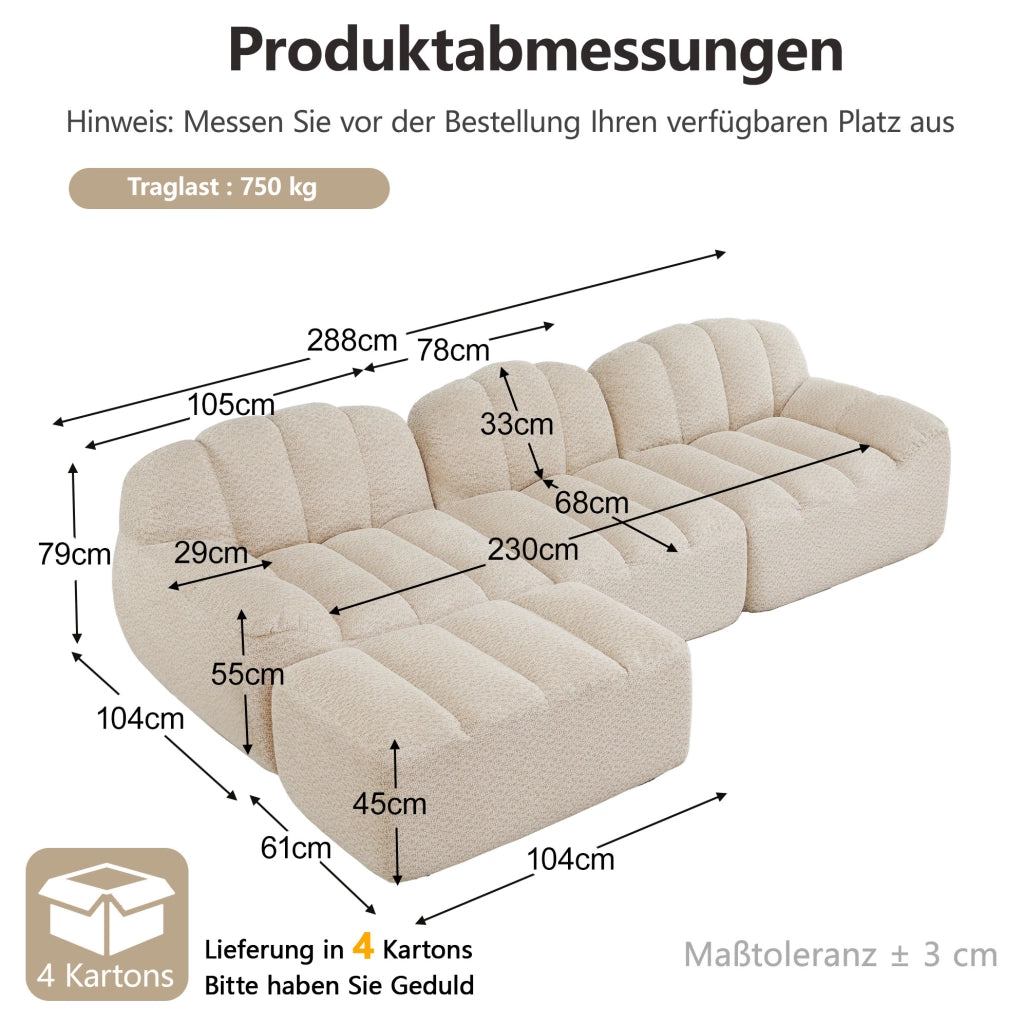 Divano modulare angolare 3 posti con pouf; 288x165x79 cm in fleece granulato beige bianco