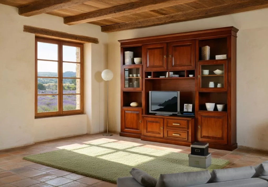 Parete attrezzata porta tv in legno tinta noce l.280 p.50 h.230 - Mobili 2G