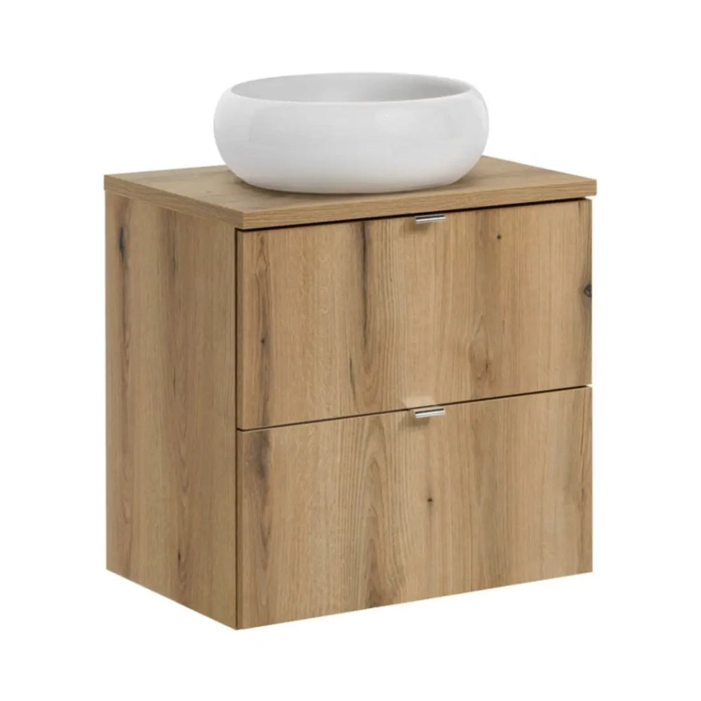 Set da bagno VANO effetto rovere 60cm: mobile sotto lavabo con cassetti + piano per lavabo + lavabo da appoggio rotondo