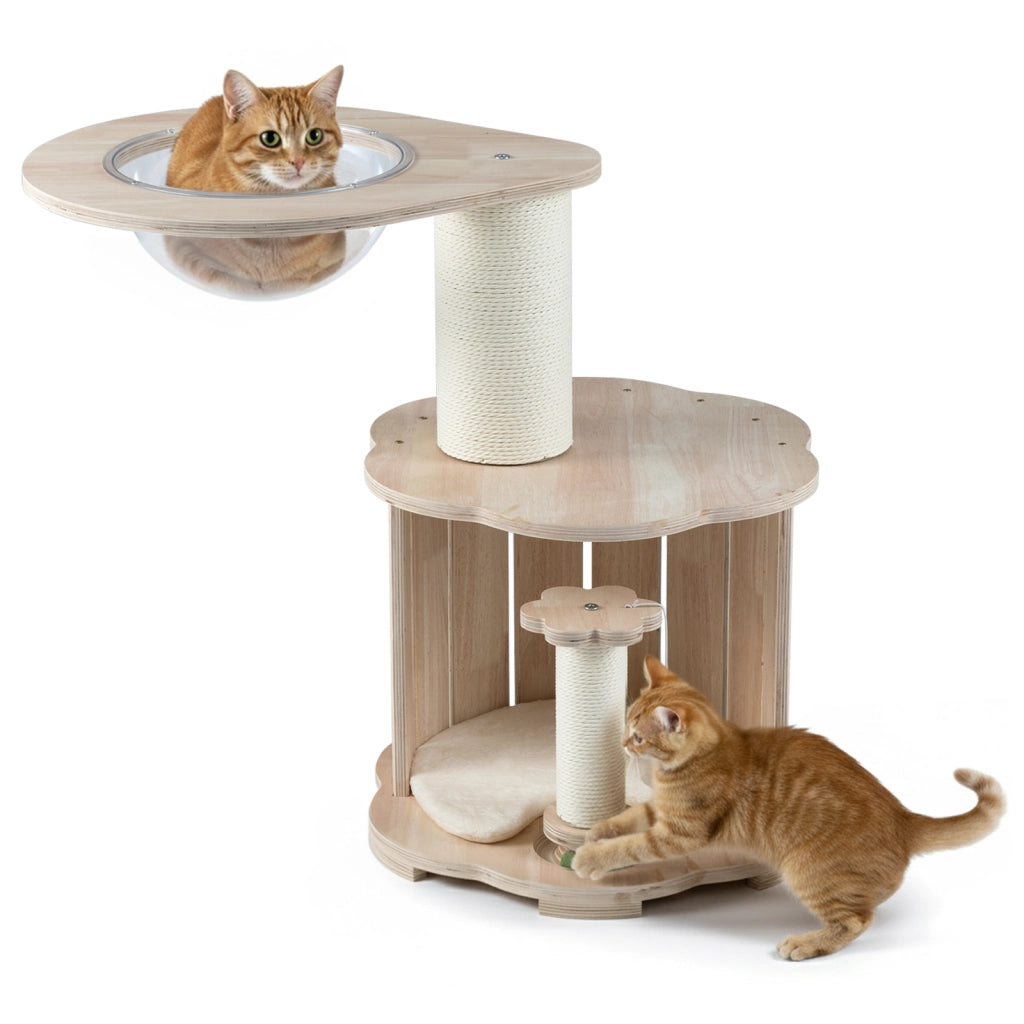 Albero per gatti in legno 74 cm con condo capsula spaziale tiragraffi pista palline-Torre a 3 livelli per gattini con pallina tappetino lavabile