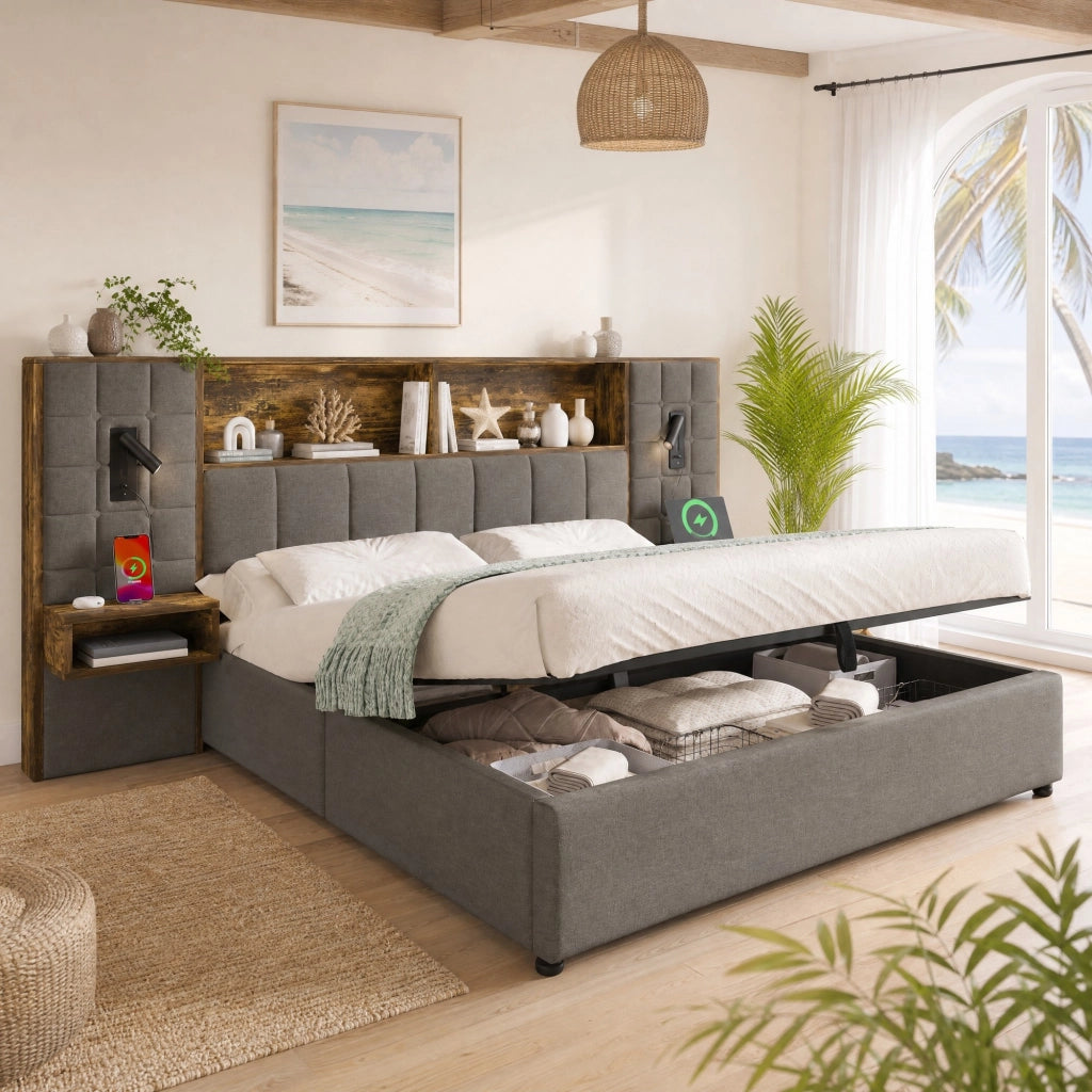 Letto imbottito con contenitore 180x200, LED, lampade da lettura, comodini integrati e porte USB/Type-C