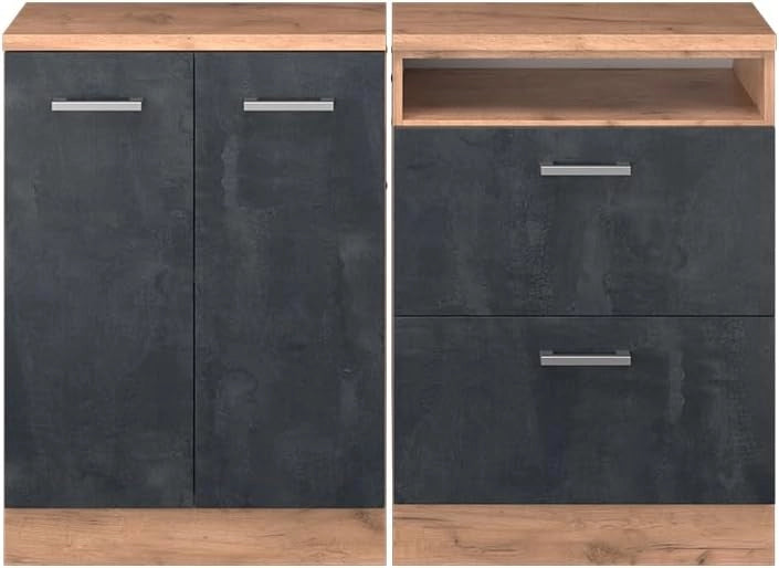 Set di mobili sottotetto Rion, Calcestruzzo nero, 120 cm Set di 2 carcasse armadio profondità 60 cm, adatto per il salvaspazio sotto tetti spioventi