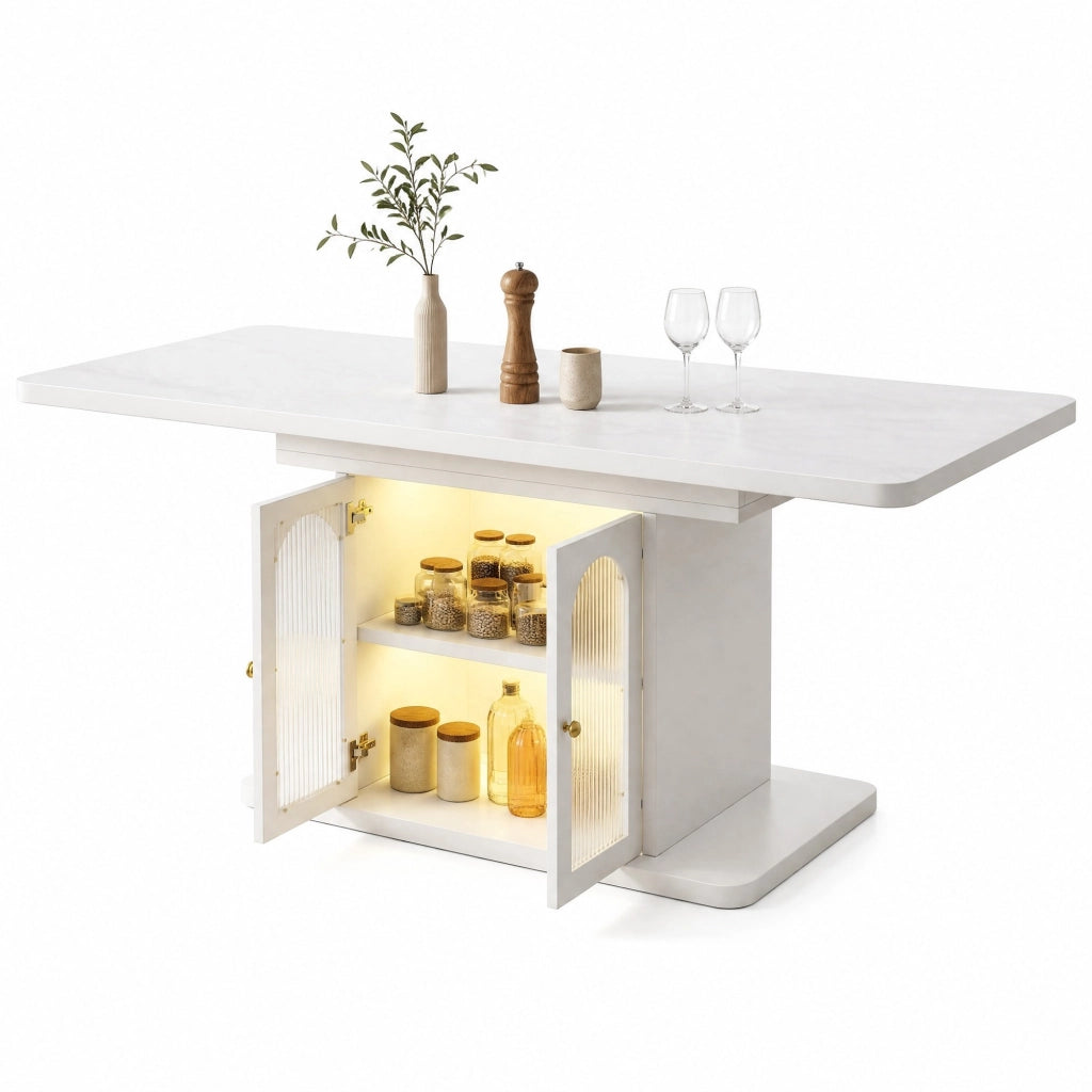 Tavolo da pranzo allungabile 150/200 x 80 cm con contenitore e LED; MDF bianco