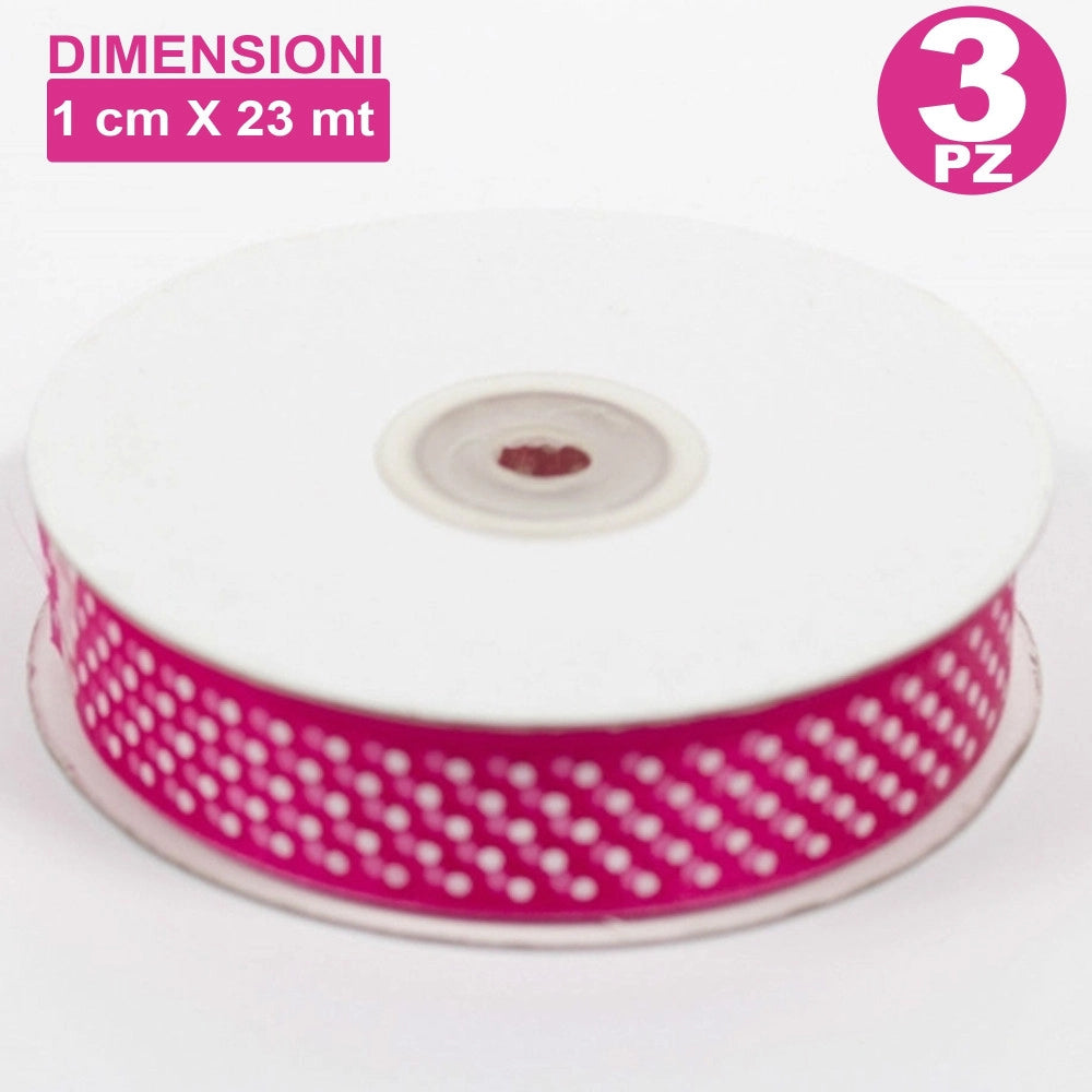 Trade Shop - Set 3 Pz Nastro Fucsia A Pois Per Bomboniere Organza Raso Decorazioni Decoupage -