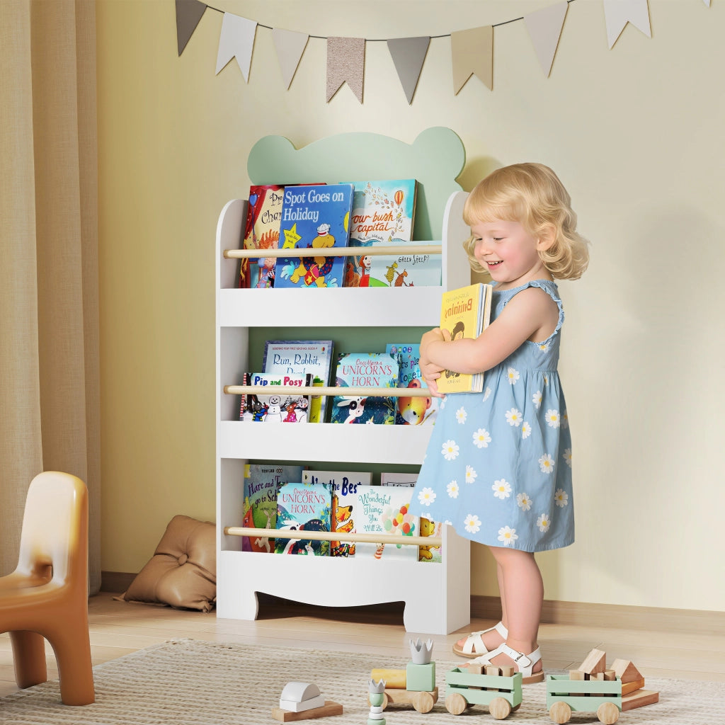 Libreria per Bambini con 3 Ripiani a Forma di Orsetto con Barriere Frontali, 55x15x110 cm, Verde