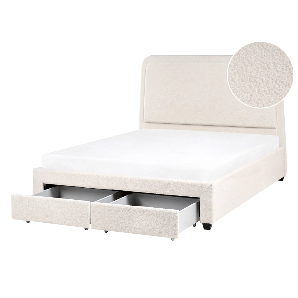 Letto imbottito in bouclé bianco panna 140 x 200 cm Design scandinavo con testiera morbida a cassetti