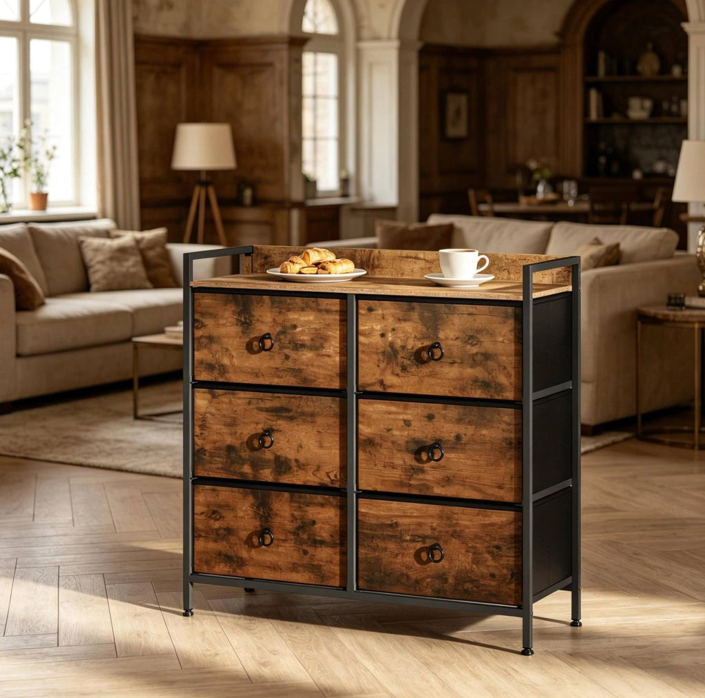 Cassettiera 80x29x78 cm in legno e metallo, marrone e nero, 6 cassetti –