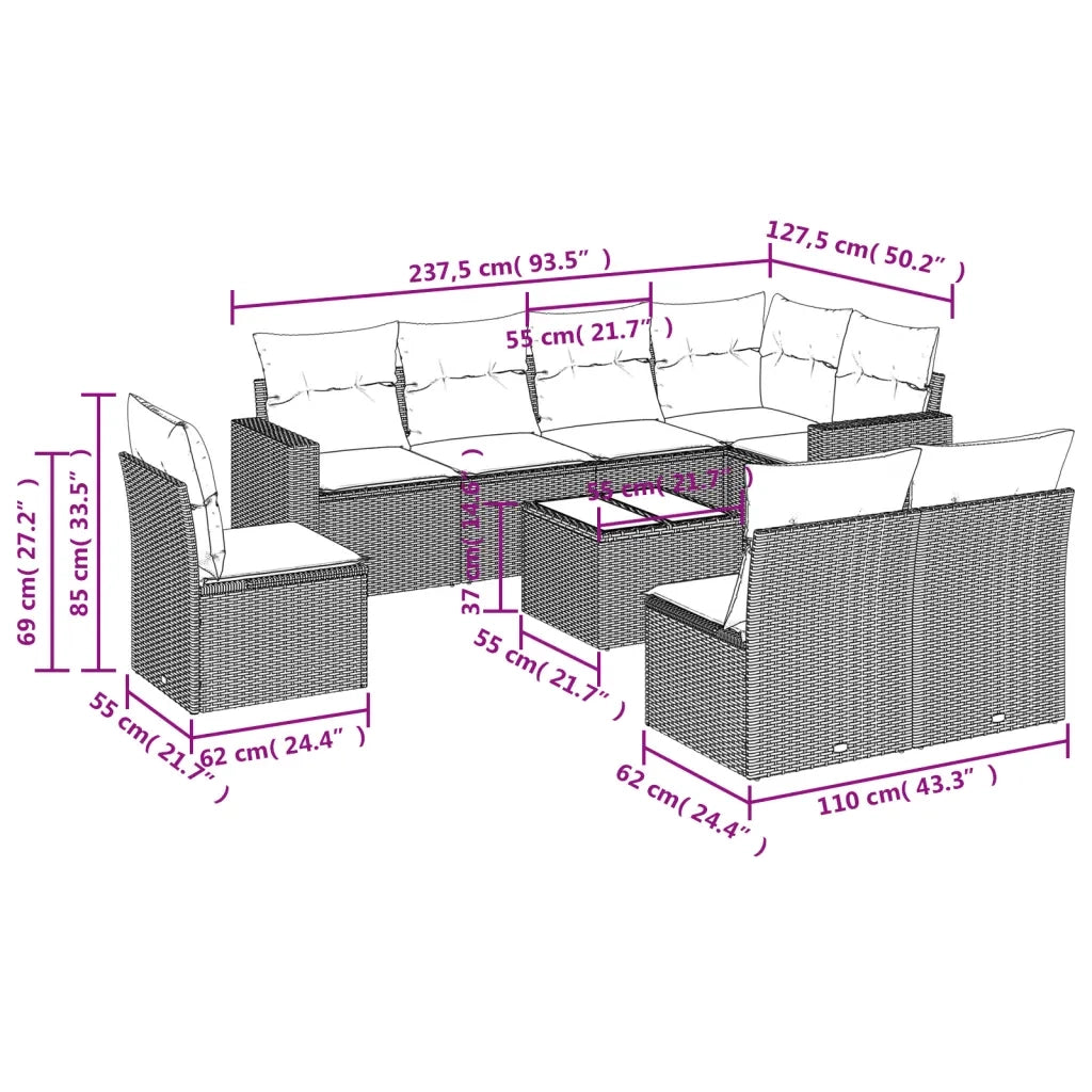 Set Divano da Giardino 9pz con Cuscini Grigio Chiaro Polyrattan