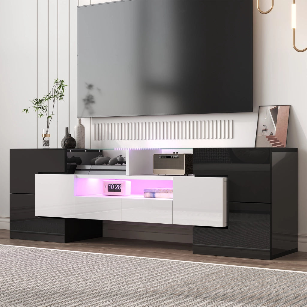 OKWISH Mobile TV con 6 Ante, 2 Cassetti e 3 Vani, LED Multicolore, per Soggiorno, Bianco, 145×30×51 cm