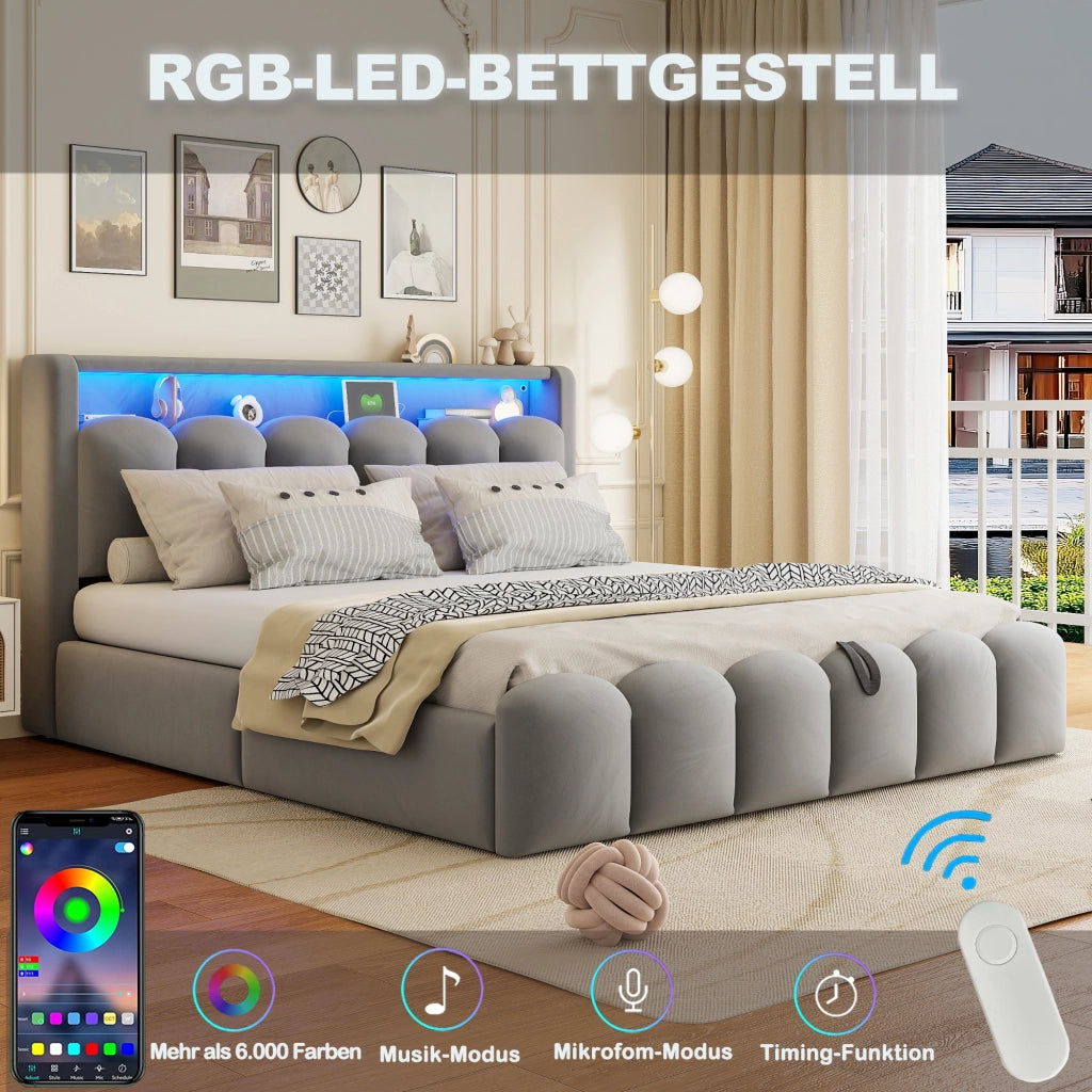 Letto Matrimoniale 180x200 cm; 2 Posti; Contenitore; USB; Type-C e LED; Velluto Grigio