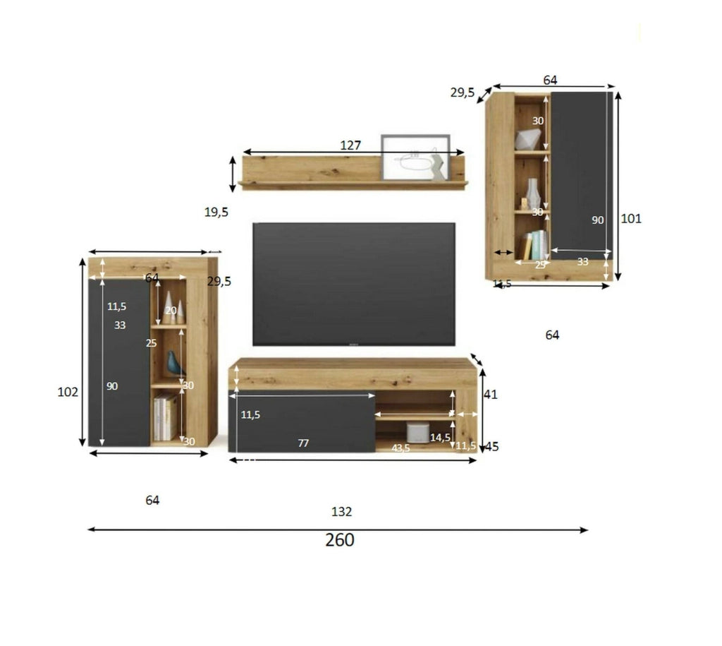 Parete attrezzata Atex, Set da soggiorno moderno, Mobile salotto multiuso, 260x41h102 cm, Rovere Nodi e Antracite